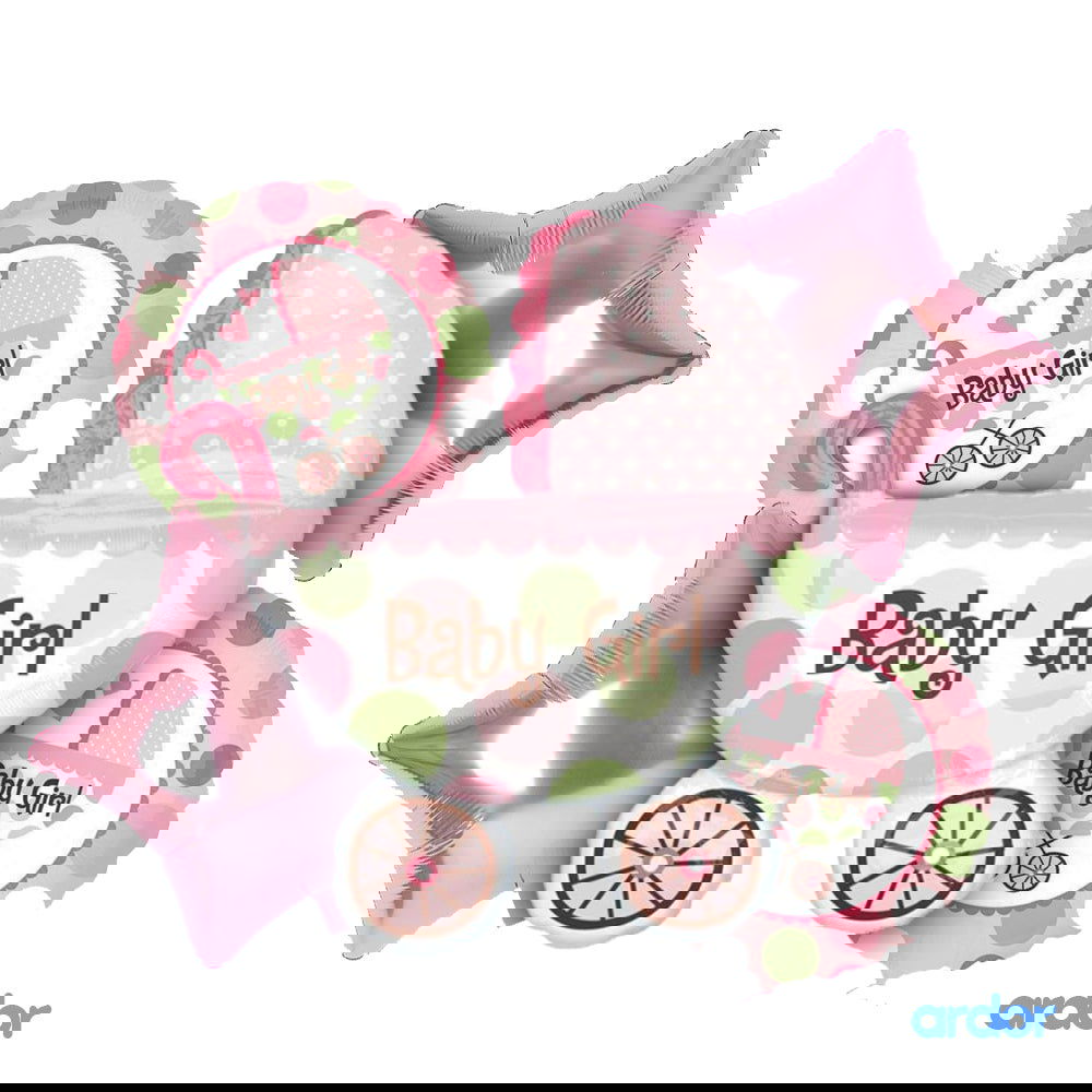 Baby Girl Cart Shaped 5 Pcs Foil Balloons Set - ardor