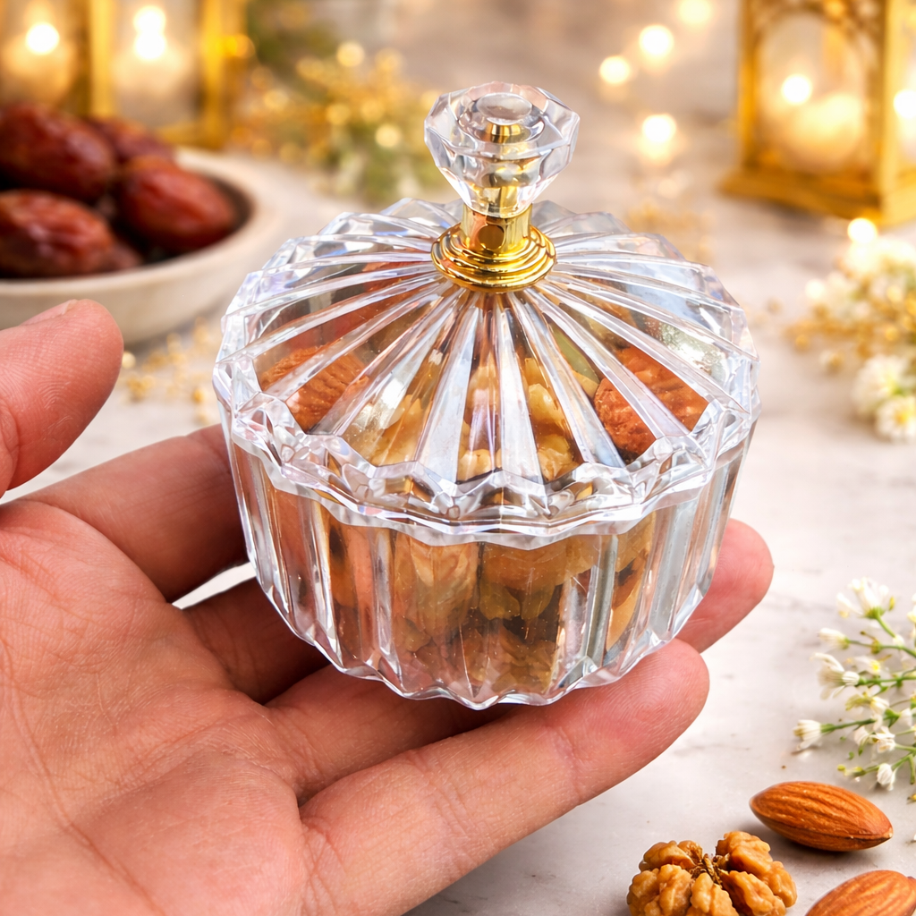 Hand holding a glass container filled with nuts on a decorative background with lights and flowers.