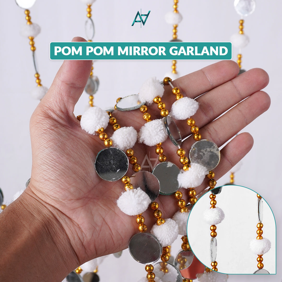 Pack of 12 – Multi-Color Pom Pom Mirror Garland / Lariyan (10 Colors) for Mehndi & Wedding Decor - Aliakbardecoration