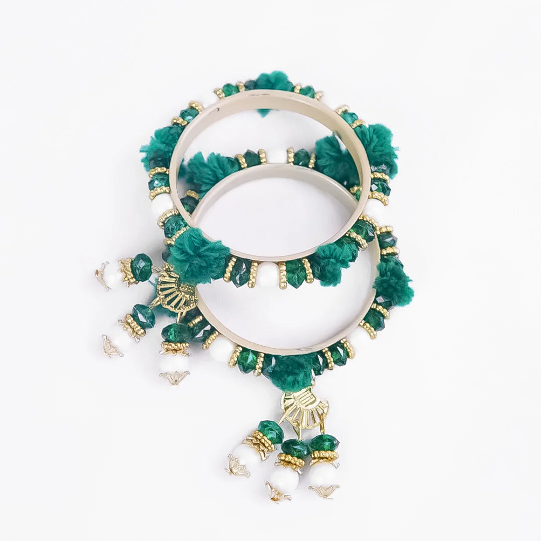 Handmade Green Pom Pom Beaded Bangles Set for Women & Girls