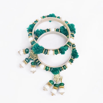 Handmade Green Pom Pom Beaded Bangles Set for Women & Girls