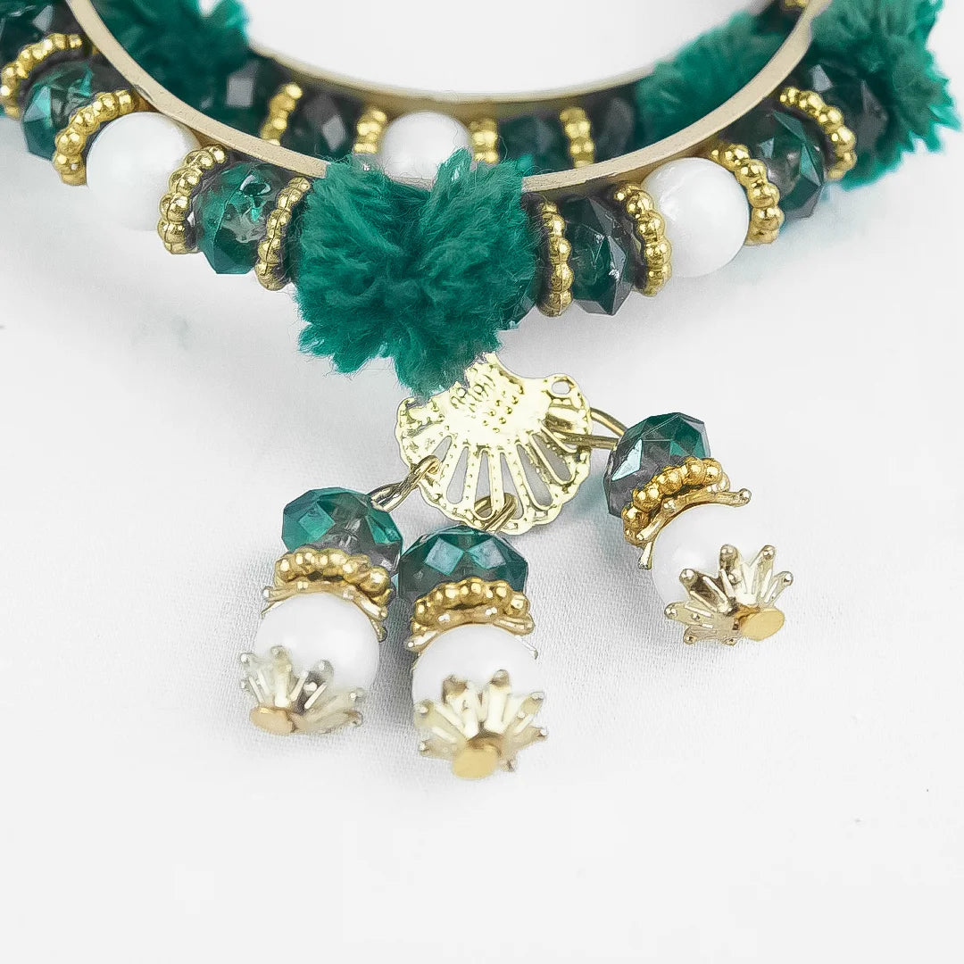 Handmade Green Pom Pom Beaded Bangles Set for Women & Girls