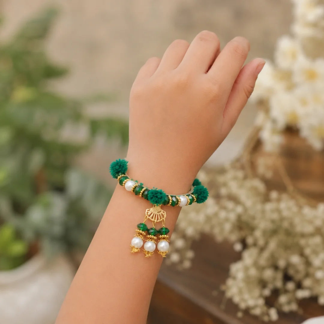Handmade Green Pom Pom Beaded Bangles Set for Women & Girls