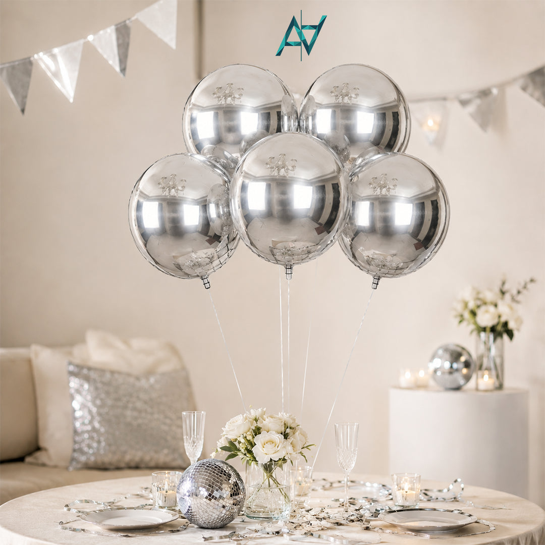 3D Silver Orbz Foil Balloon Set (5 Pcs) by Ali Akbar Decoration – Party Balloons