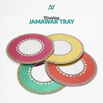 Fancy Round Shaped Jamawar Fabric Decorated Tray For Maiyun, Mehndi, Shadi, Nikkah, Dholki, Decoration