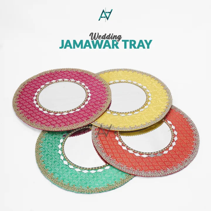 Fancy Round Shaped Jamawar Fabric Decorated Tray For Maiyun, Mehndi, Shadi, Nikkah, Dholki, Decoration