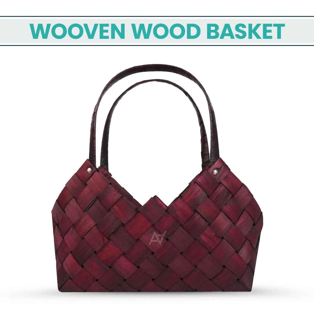 Set of 3 - Burgundy Wooven Wood Basket