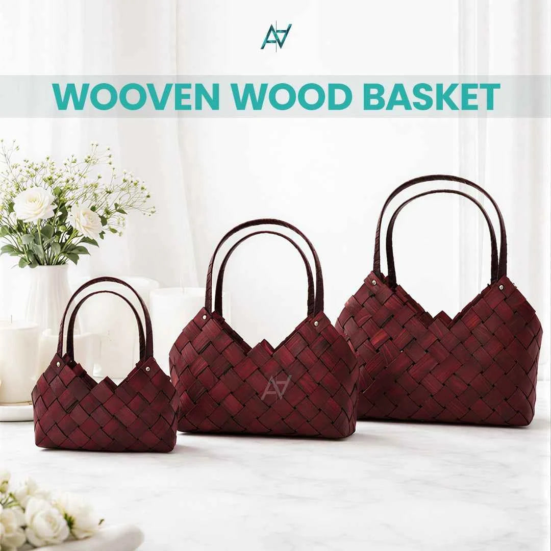 Set of 3 - Burgundy Wooven Wood Basket