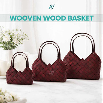 Set of 3 - Burgundy Wooven Wood Basket