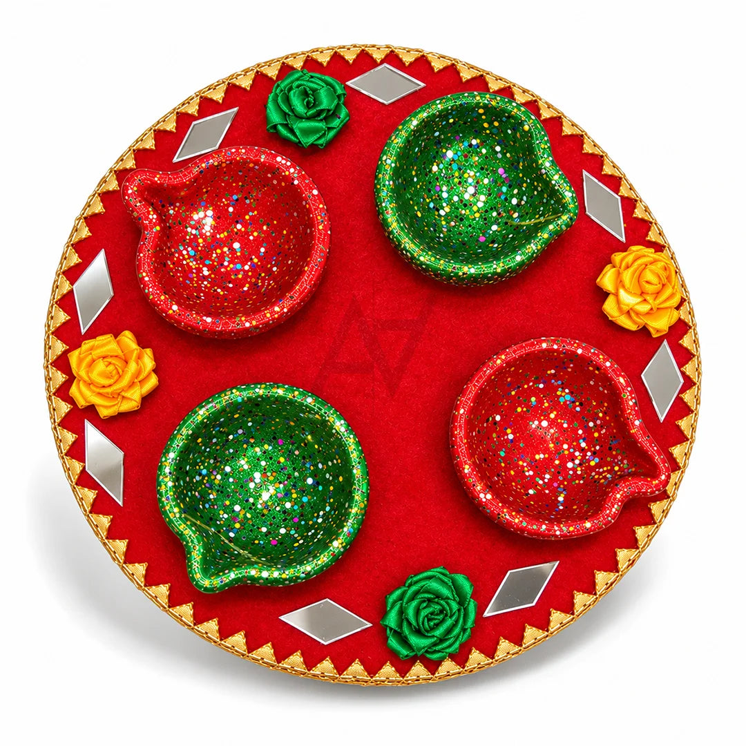 Decorative Diya Tray with 4 Colorful Glitter Diyas for Diwali
