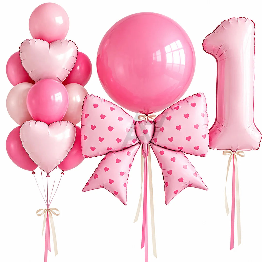 Pink Birthday Balloon Decoration Set – Number 1, Bow & Heart Balloons