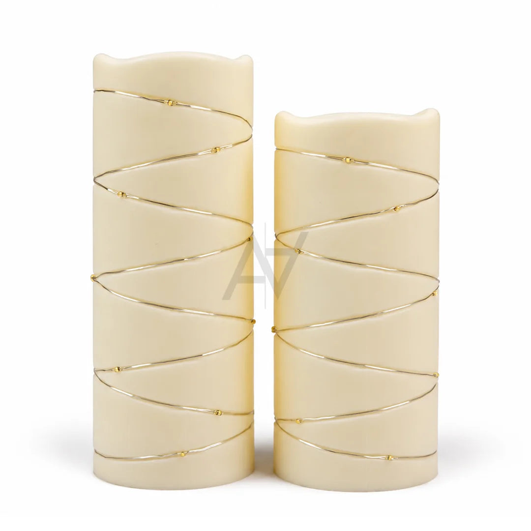 Decorative LED Candle Pillar Set with Golden Wire Detail