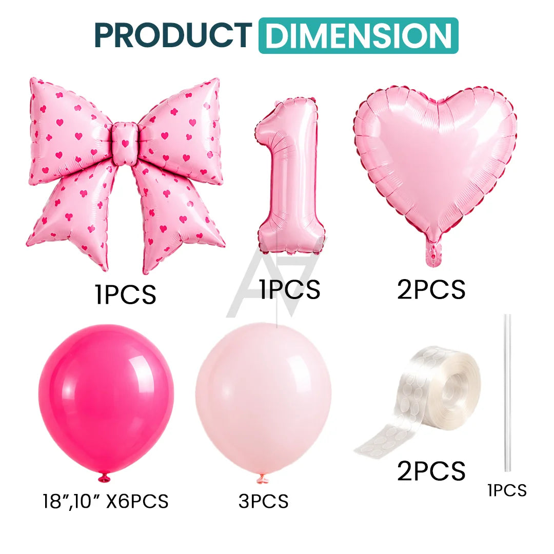 Pink Birthday Balloon Decoration Set – Number 1, Bow & Heart Balloons