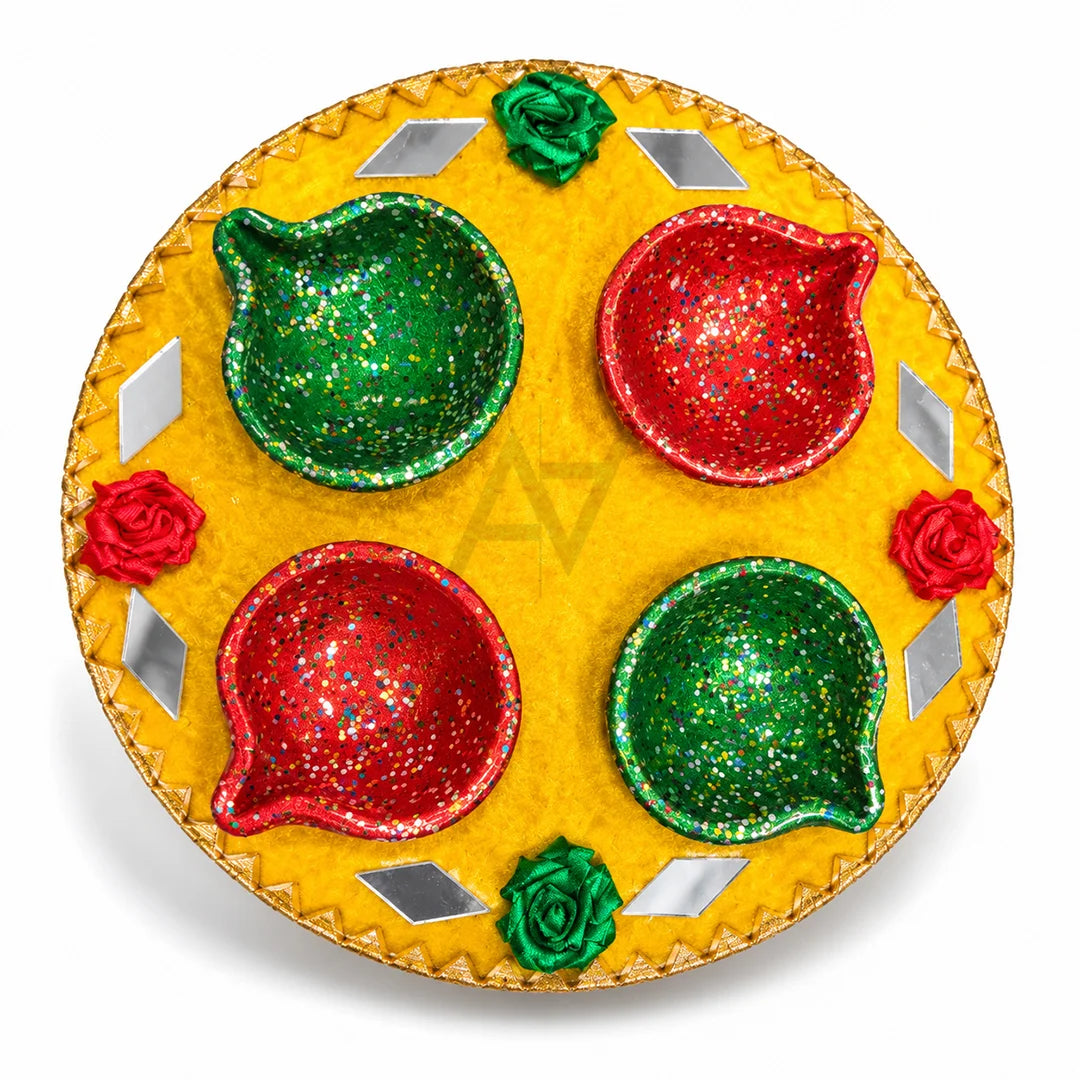 Decorative Diya Tray with 4 Colorful Glitter Diyas for Diwali