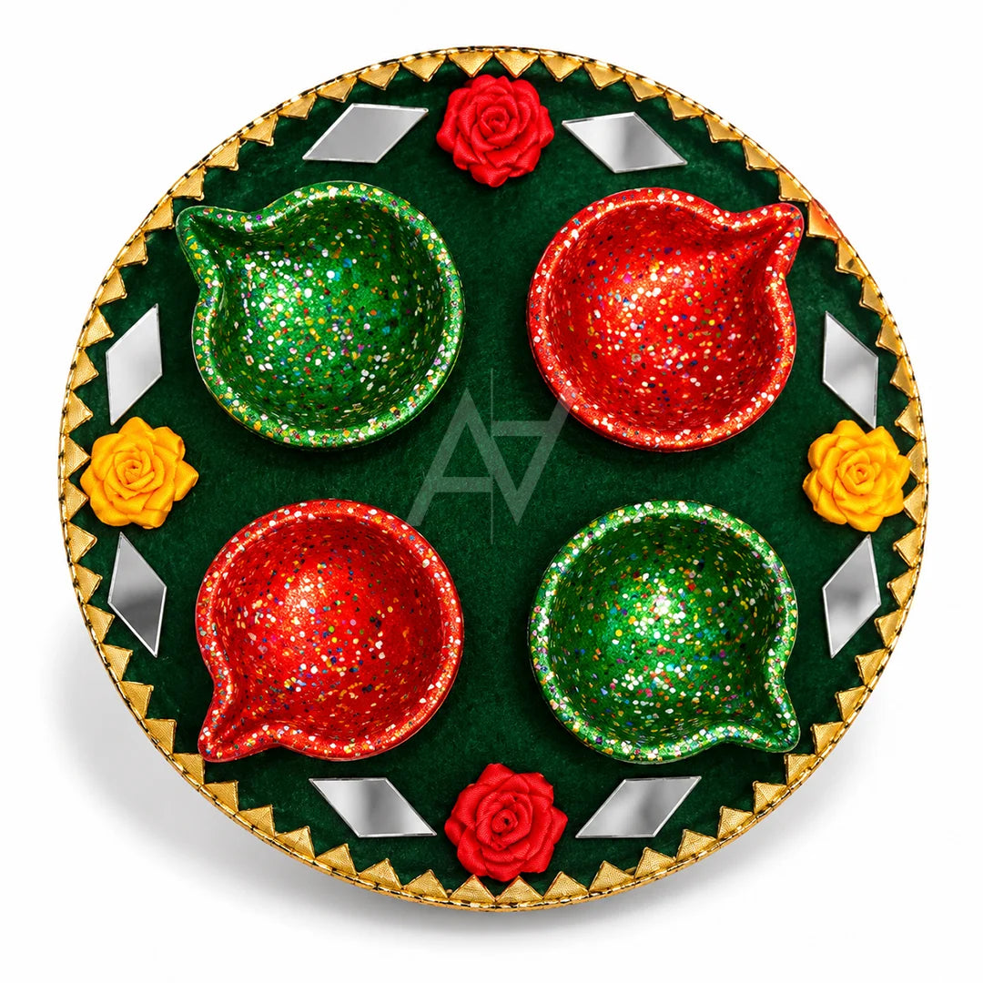 Decorative Diya Tray with 4 Colorful Glitter Diyas for Diwali