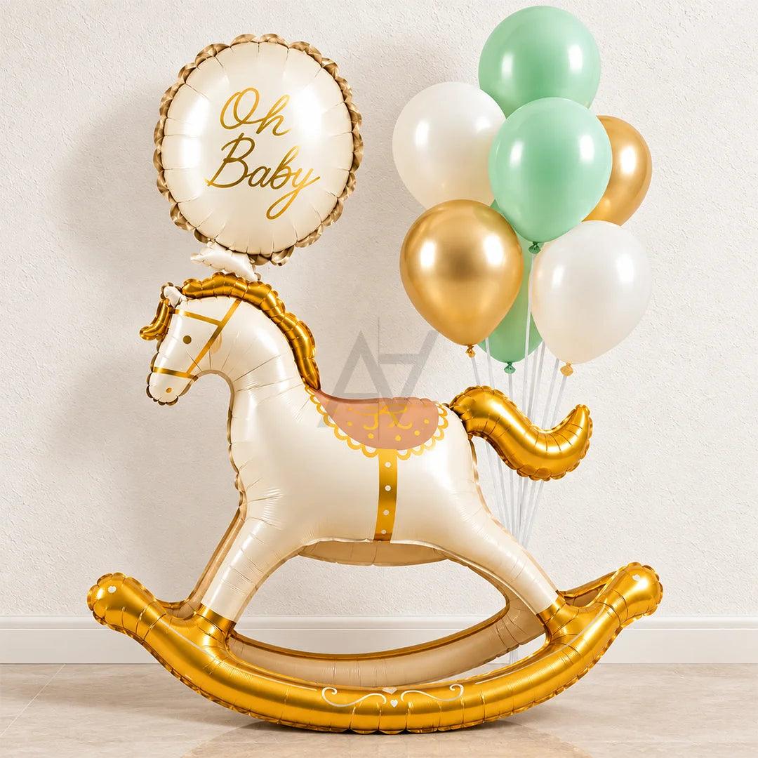 Horse Foil Balloon Set – Gold & White Baby Shower Party Decorations