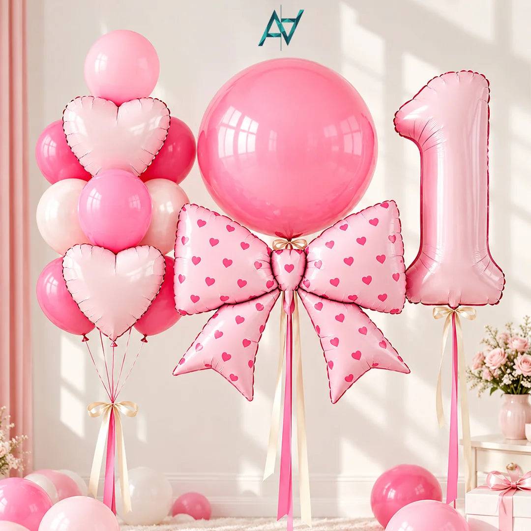 Pink Birthday Balloon Decoration Set – Number 1, Bow & Heart Balloons