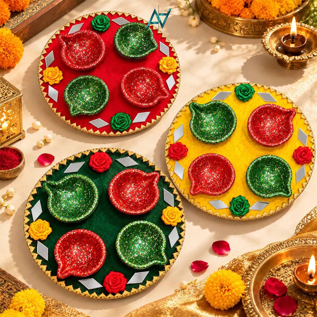 Decorative Diya Tray with 4 Colorful Glitter Diyas for Diwali