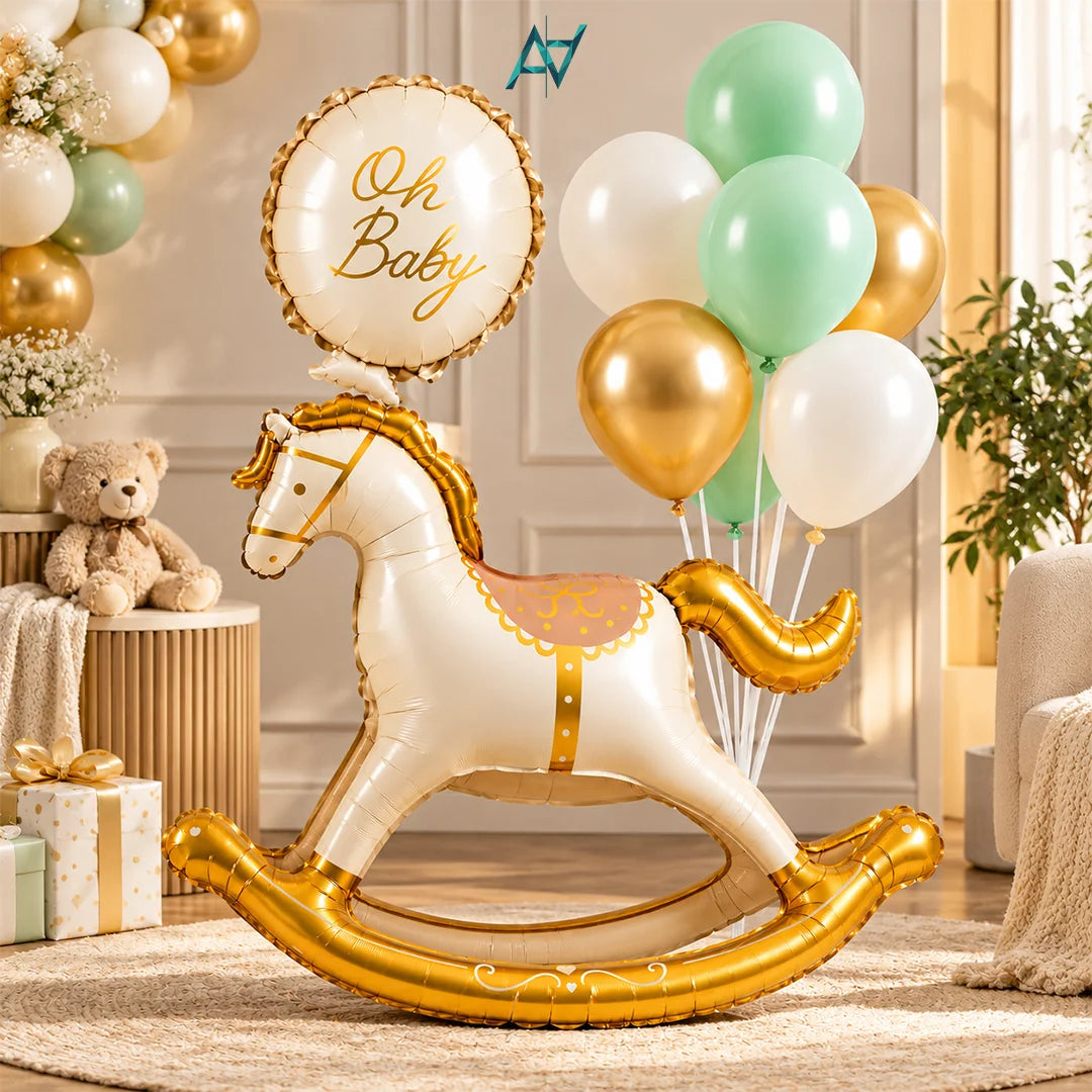 Horse Foil Balloon Set – Gold & White Baby Shower Party Decorations