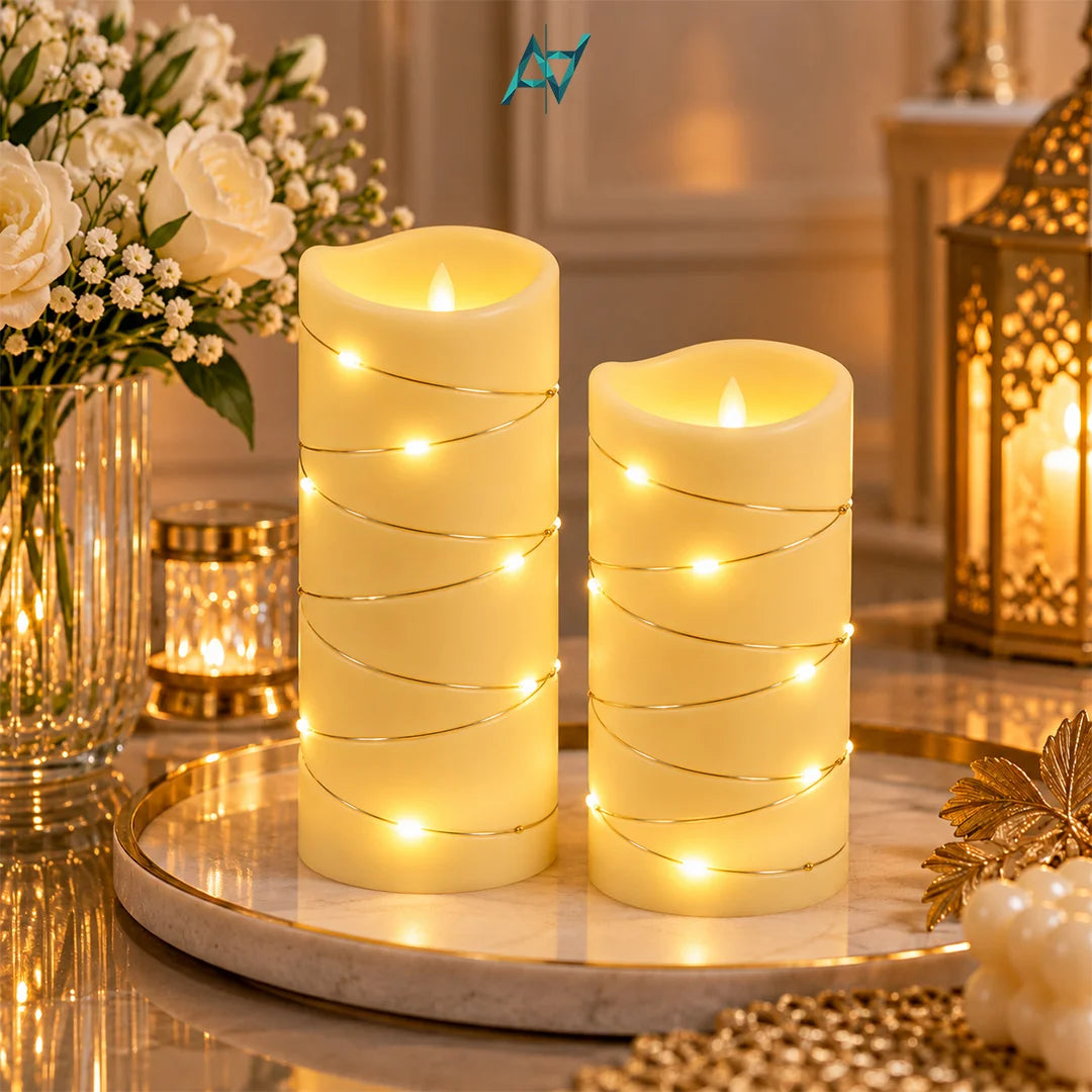 Decorative LED Candle Pillar Set with Golden Wire Detail