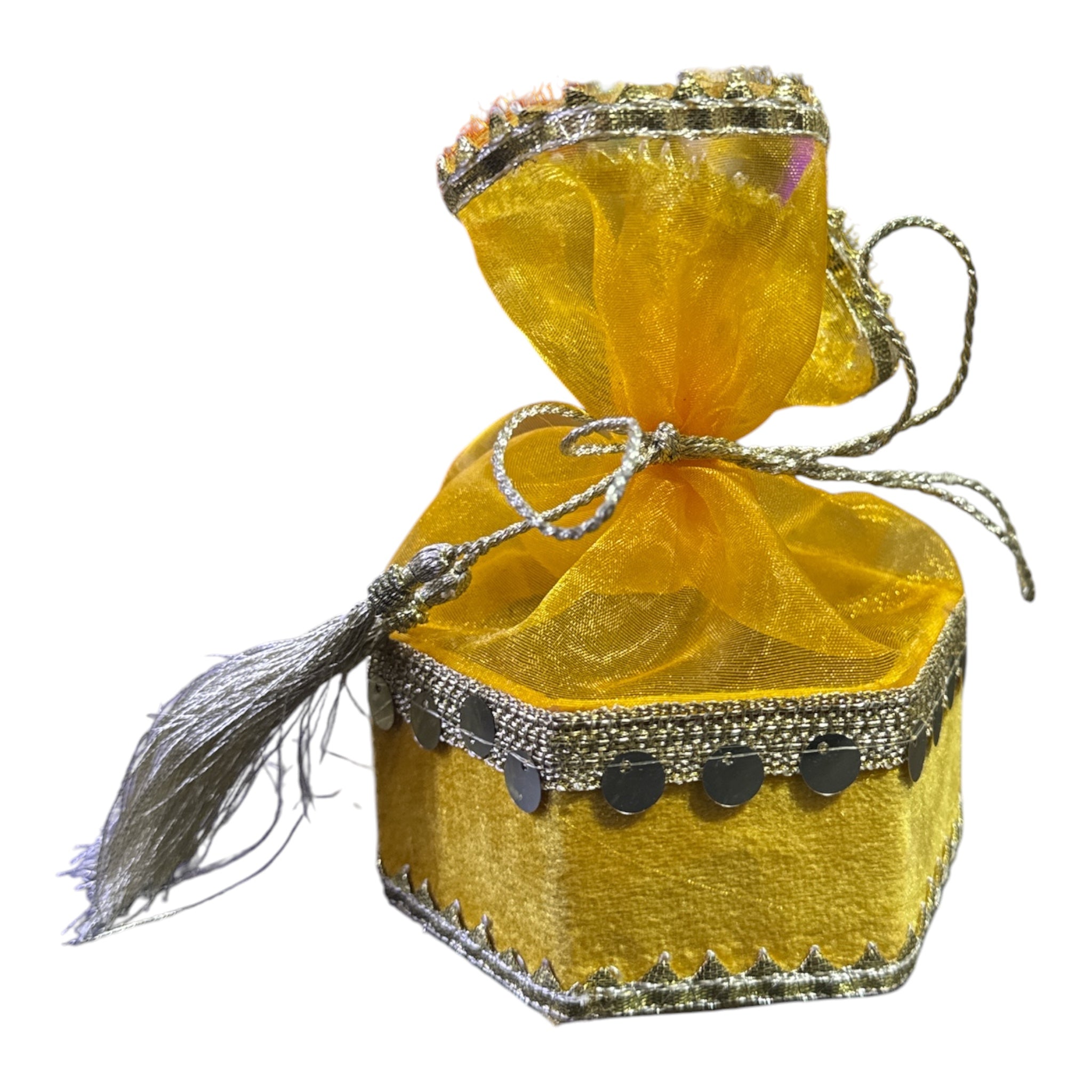 Luxury Organza Potli Gift Box with Tassel | Wedding Favor Basket for Mehndi, Mayun, Nikkah & Shadi Gifts