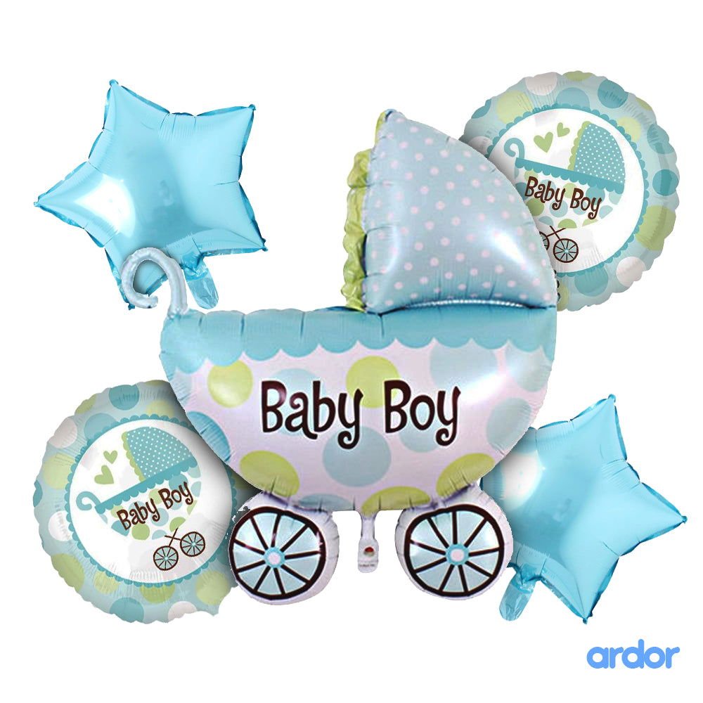 Baby Boy Cart Shaped 5 Pcs Foil Balloons Set - aliakbardecoration