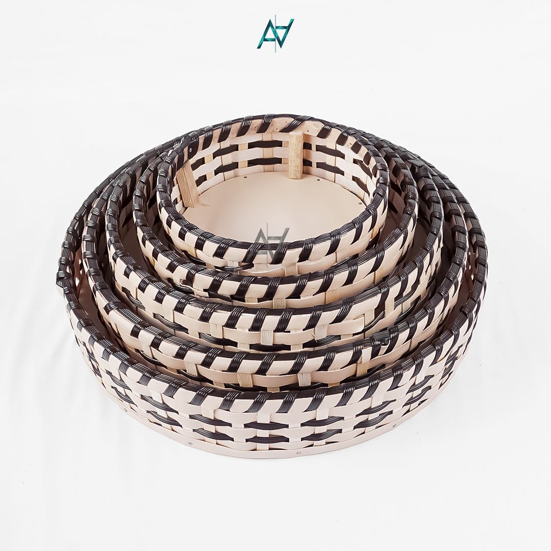 Brown & White - Round Cane Serving & Storage Tray for Home Decor - aliakbardecoration