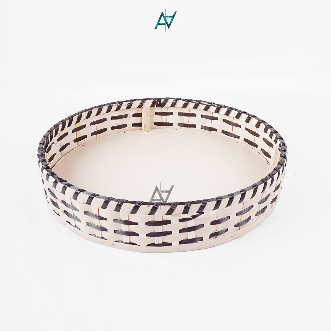 Brown & White - Round Cane Serving & Storage Tray for Home Decor - aliakbardecoration