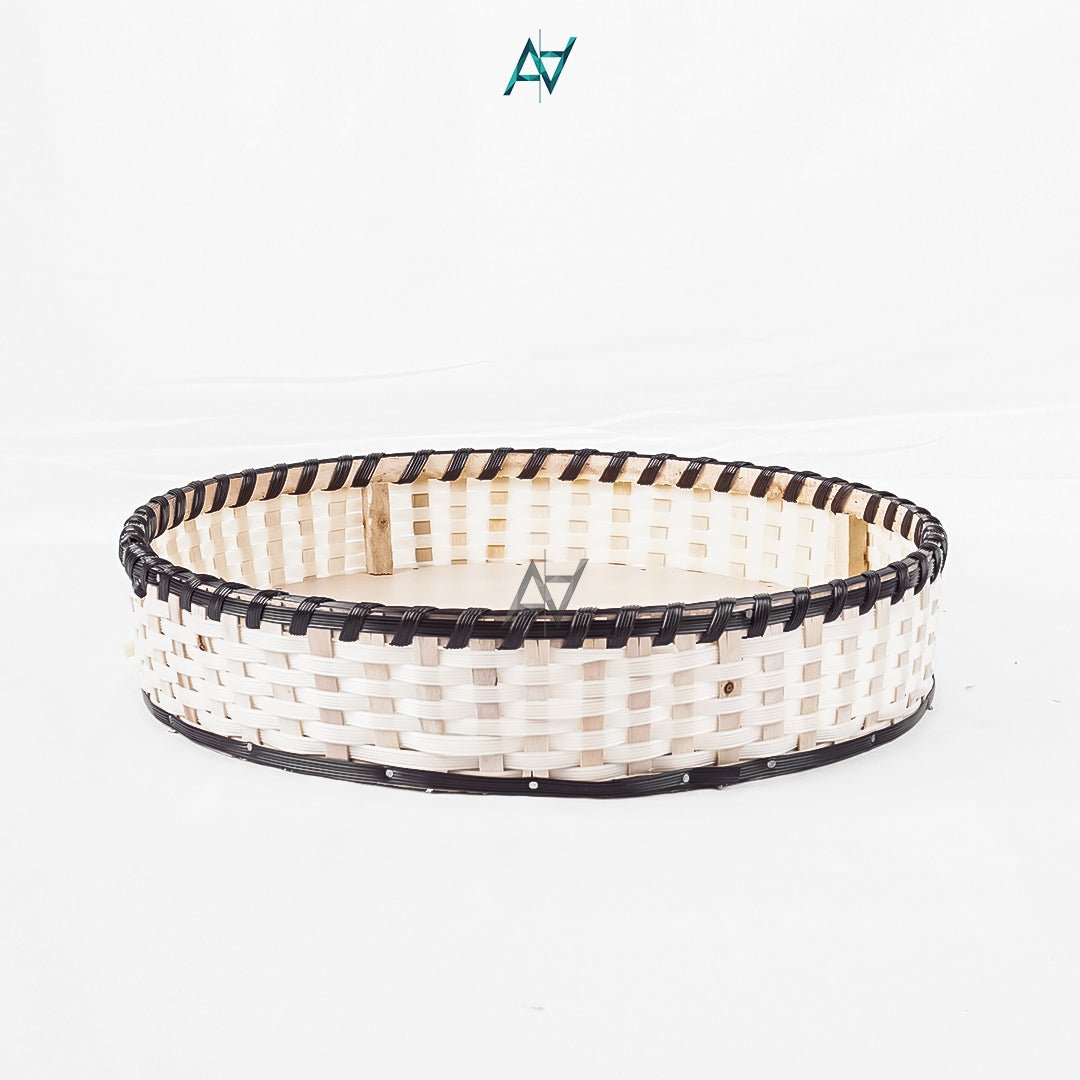 Brown & White Round Cane Serving & Storage Tray for Home Decor - aliakbardecoration