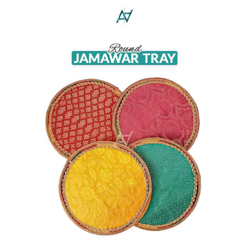 Round Jamawar Tray for Wedding & Festive Gifts