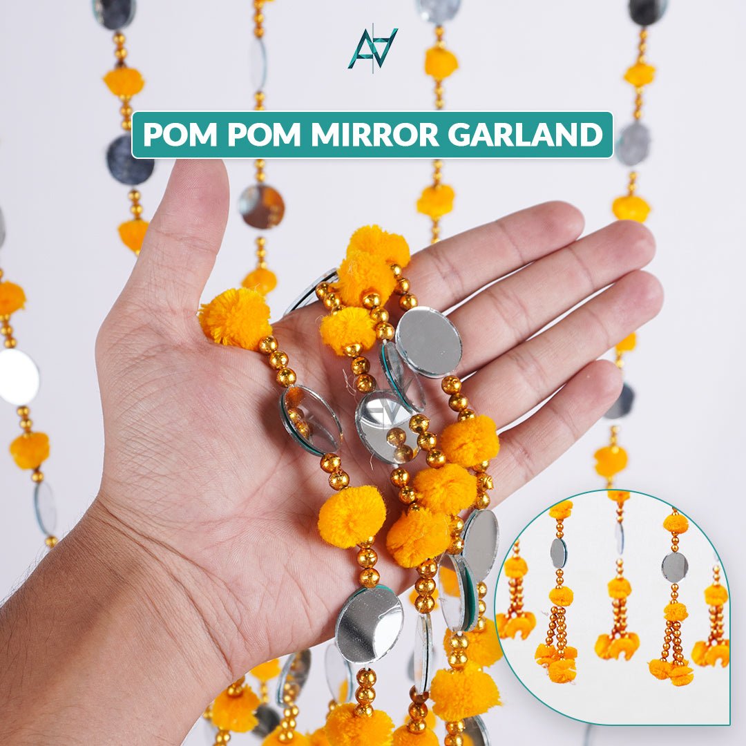 Pack of 12 – Multi - Color Pom Pom Mirror Garland / Lariyan (10 Colors) for Mehndi & Wedding Decor - aliakbardecoration