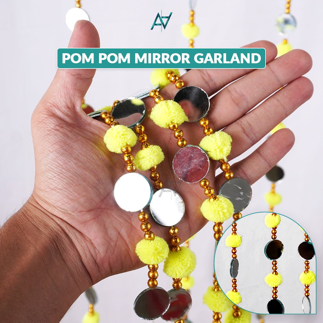 Pack of 12 – Multi - Color Pom Pom Mirror Garland / Lariyan (10 Colors) for Mehndi & Wedding Decor - aliakbardecoration