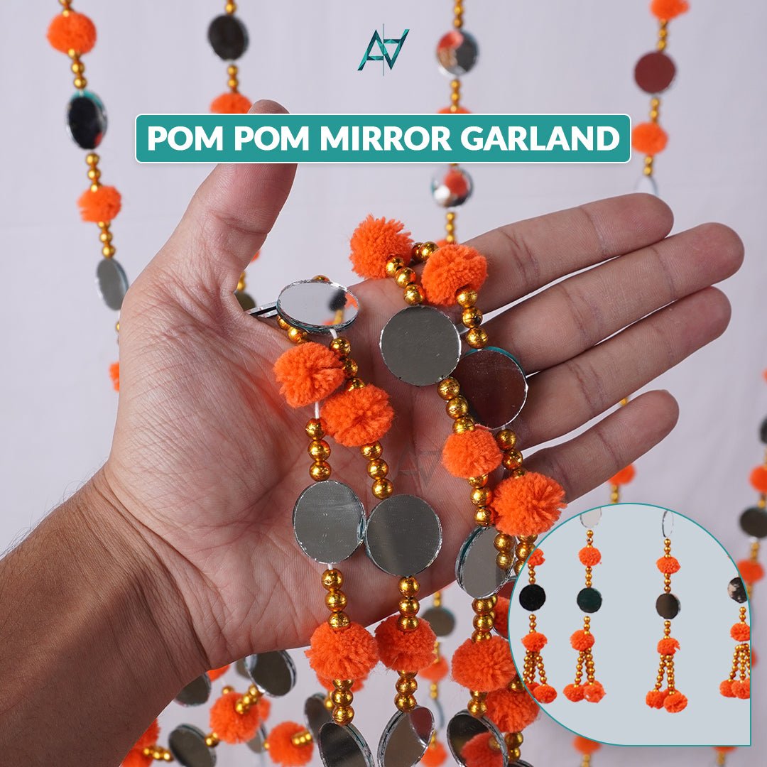 Pack of 12 – Multi - Color Pom Pom Mirror Garland / Lariyan (10 Colors) for Mehndi & Wedding Decor - aliakbardecoration