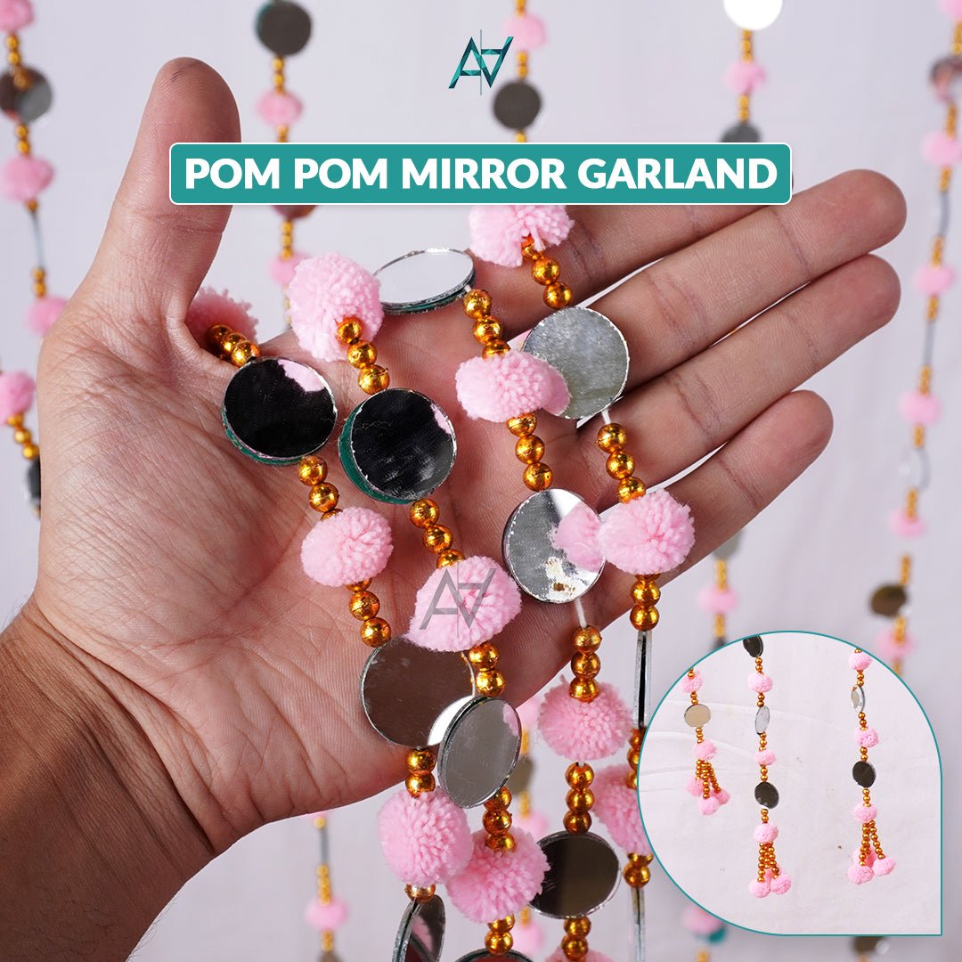 Pack of 12 – Multi - Color Pom Pom Mirror Garland / Lariyan (10 Colors) for Mehndi & Wedding Decor - aliakbardecoration