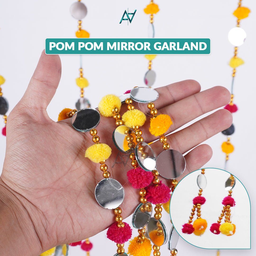 Pack of 12 – Multi - Color Pom Pom Mirror Garland / Lariyan (10 Colors) for Mehndi & Wedding Decor - aliakbardecoration