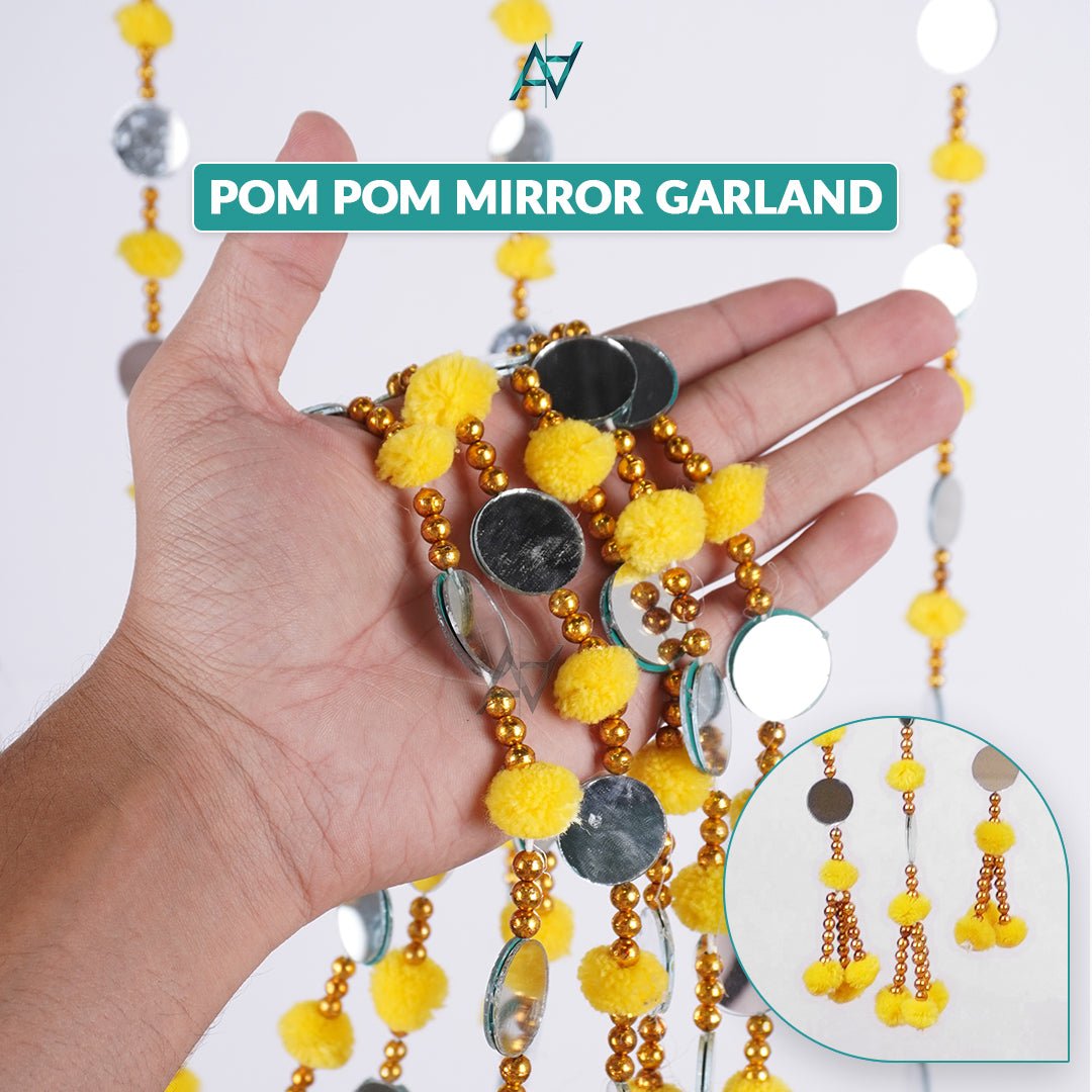 Pack of 12 – Multi - Color Pom Pom Mirror Garland / Lariyan (10 Colors) for Mehndi & Wedding Decor - aliakbardecoration
