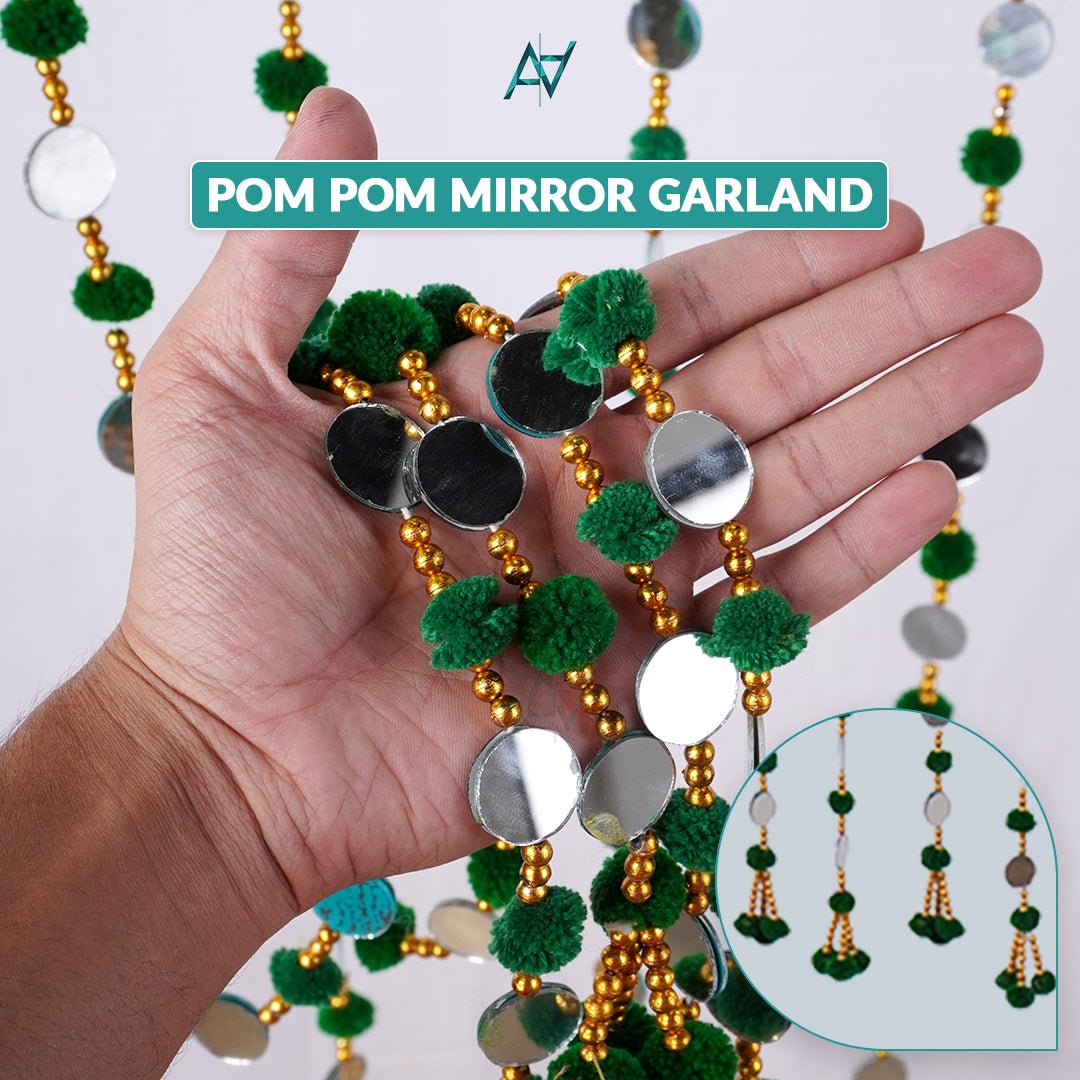 Pack of 12 – Multi - Color Pom Pom Mirror Garland / Lariyan (10 Colors) for Mehndi & Wedding Decor - aliakbardecoration