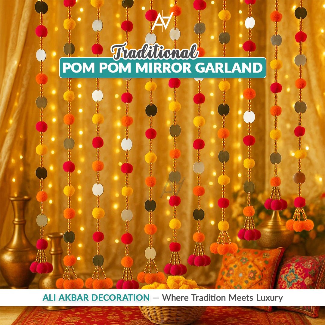 Pack of 12 – Multi - Color Pom Pom Mirror Garland / Lariyan (10 Colors) for Mehndi & Wedding Decor - aliakbardecoration