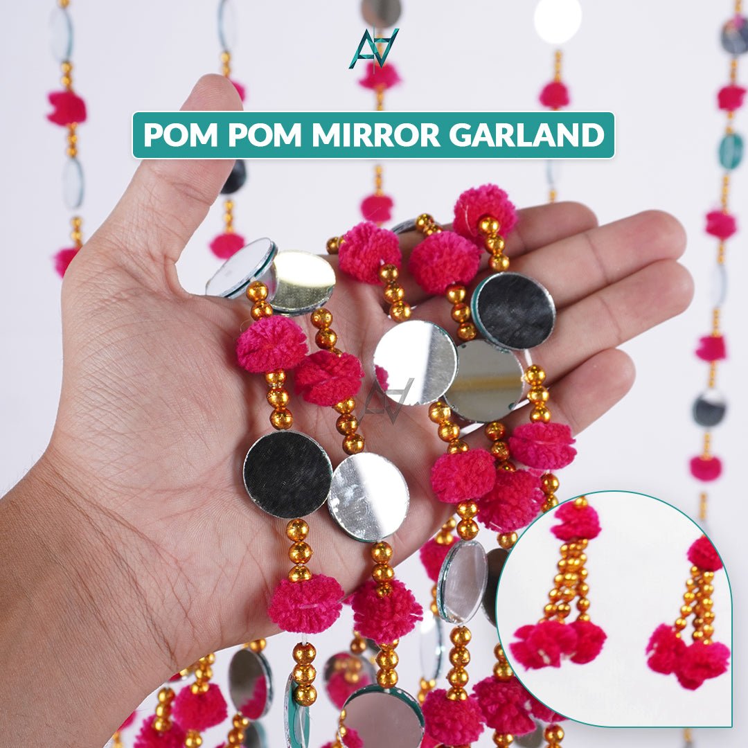 Pack of 12 – Multi - Color Pom Pom Mirror Garland / Lariyan (10 Colors) for Mehndi & Wedding Decor - aliakbardecoration