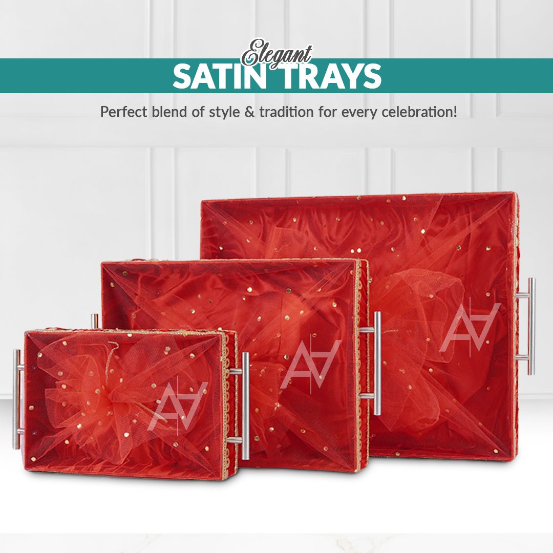 Set of 3 – Red Satin Wedding Trays for Gifting & Decoration - aliakbardecoration