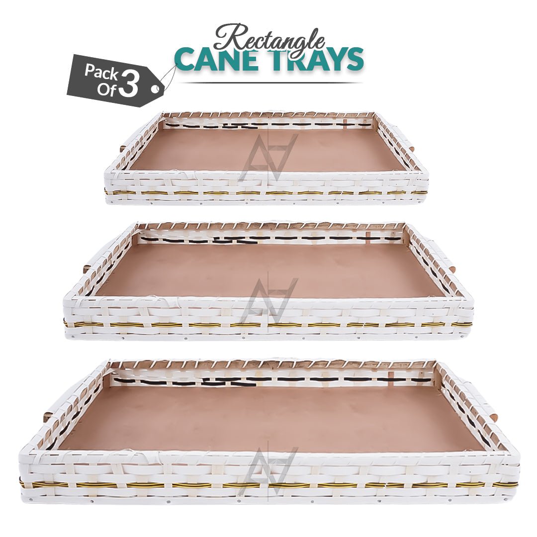 Set of 3 - White Rectangle Wedding Cane Trays - Perfect for Gifting & Wedding decor - aliakbardecoration