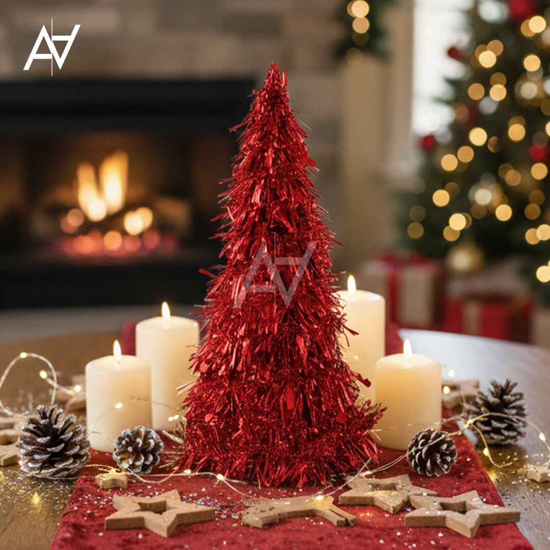 Tinsel Table - Top Christmas Tree – Red & Silver - aliakbardecoration