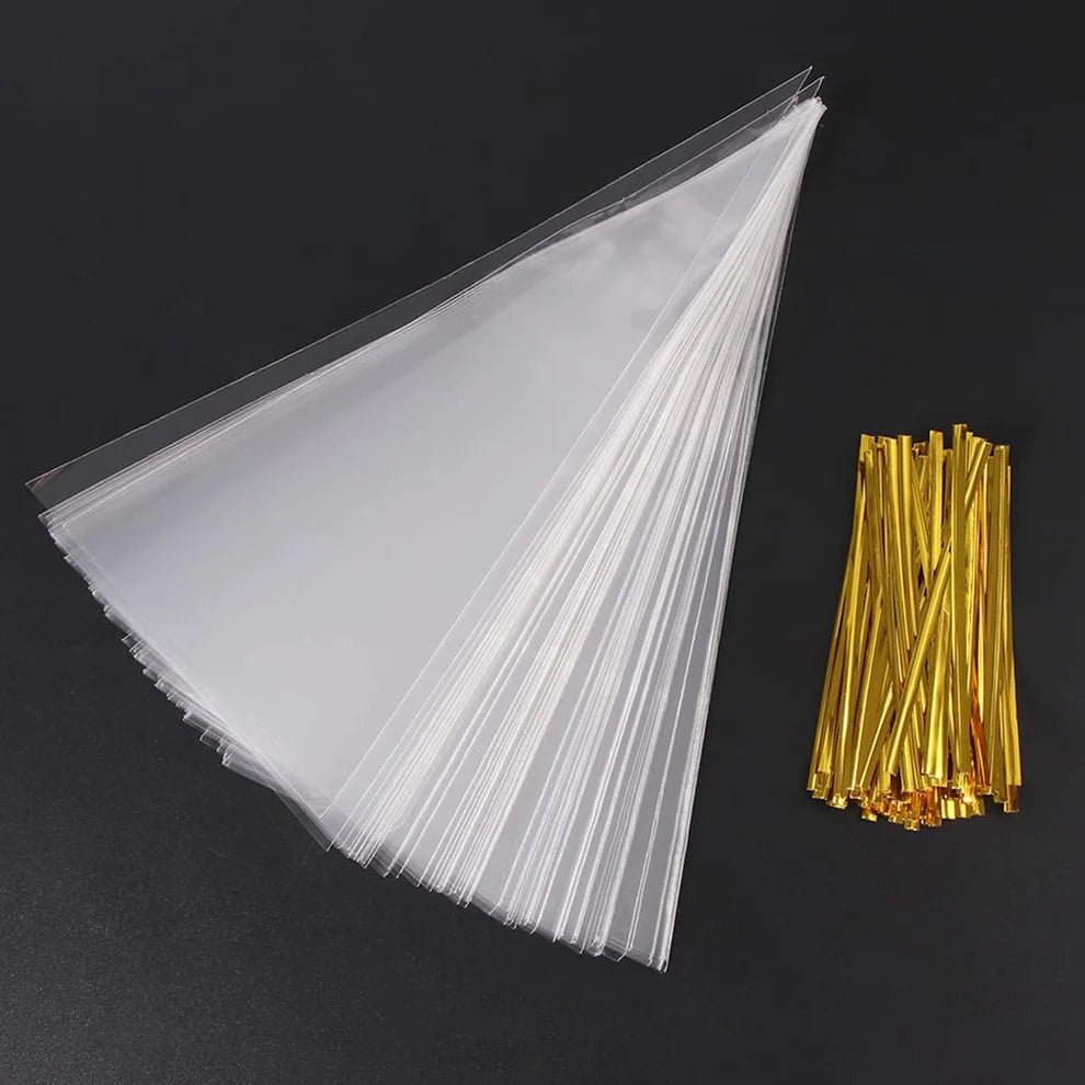 Transparent Cone Treat Bags – Pack of 100 (with Gold Ties) - aliakbardecoration
