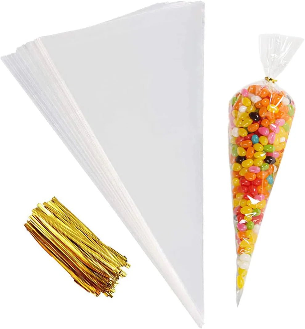 Transparent Cone Treat Bags – Pack of 100 (with Gold Ties) - aliakbardecoration